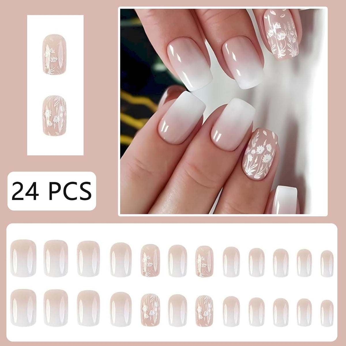 White Gradient Press-On Nails Short Square False Nails with Flower and Leaf Design Glossy Nude Gradient Nail Art Stickers for Women Girls DIY Nail Art Decoration 24 Pieces