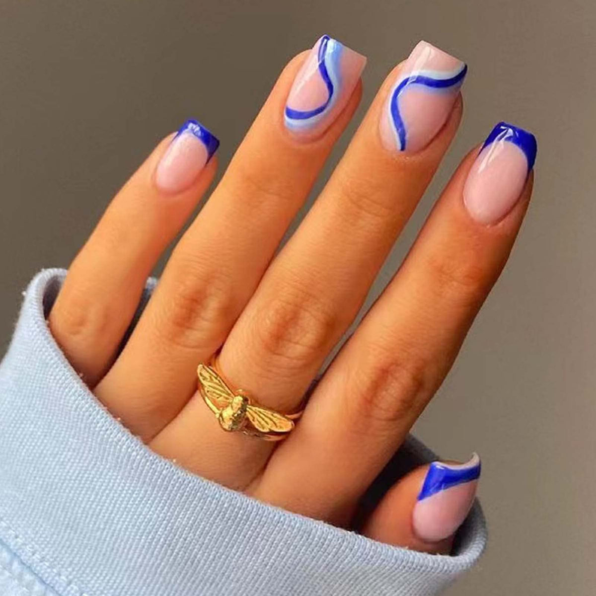 Long Press on Nails Square French Fake Nails Full Cover Nude Acrylic False Nails for Women and Girls 24PCS (Gold Shiny)