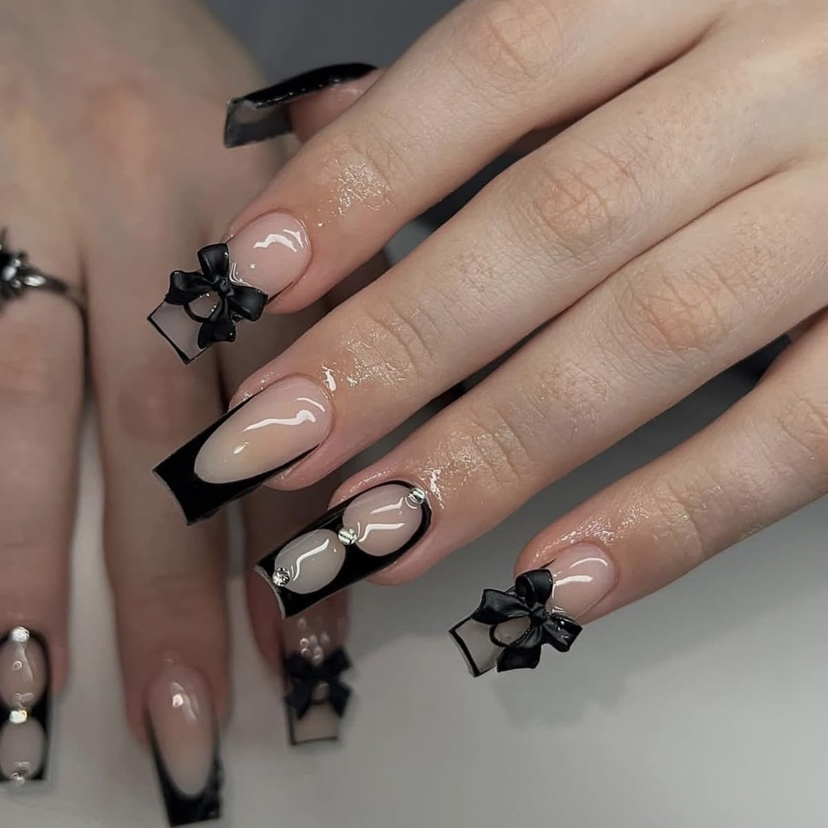 BABALAL Press on False Nails Long Square Fake Nails Black and Gold Chrome Gothic Glue on Cross Charm Luxury 3d Design French Tip Acrylic 24Pcs Y2k Handmade Custom Full Cover Gel Nails