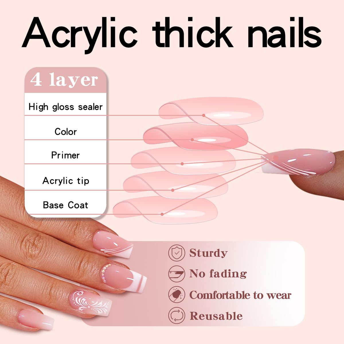 24 Pcs Bling Press on Nails Medium Length With White Flower Glue Glitter Rhinestones Fake Nails Acrylic Ballerina on Nails Press ons Design Coffin French Tip False Nails for Women and Girls