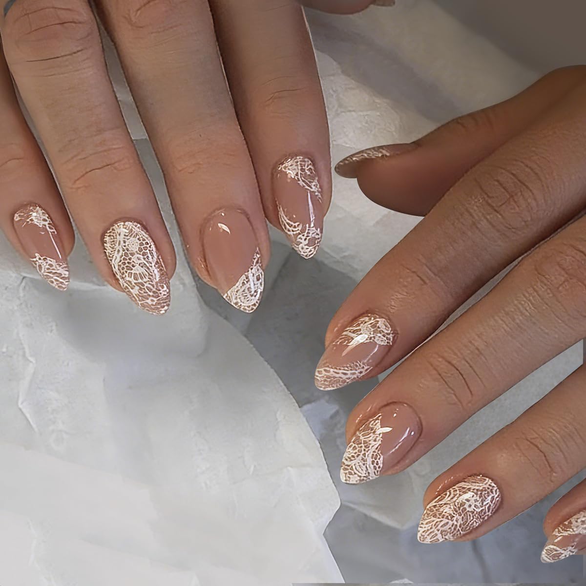 Medium Almond Press on Nails - White French Tip with 3D Flower Rhinestones