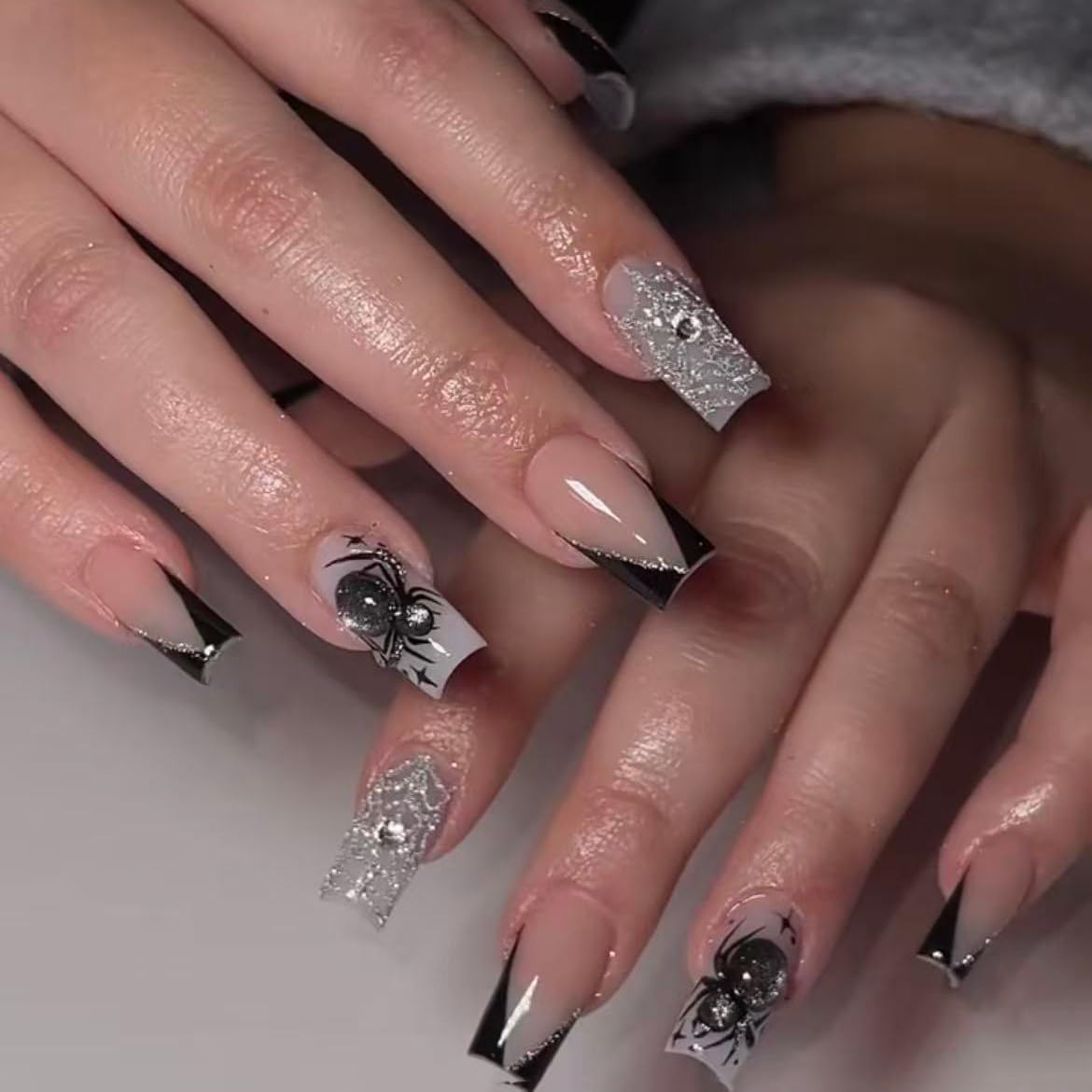 BABALAL Press On Nails Long Square Fake Nails Nude Pink White French Tip Lace Pearl Rhinestone Glossy Bridal Wedding Glue On Nails 24Pcs