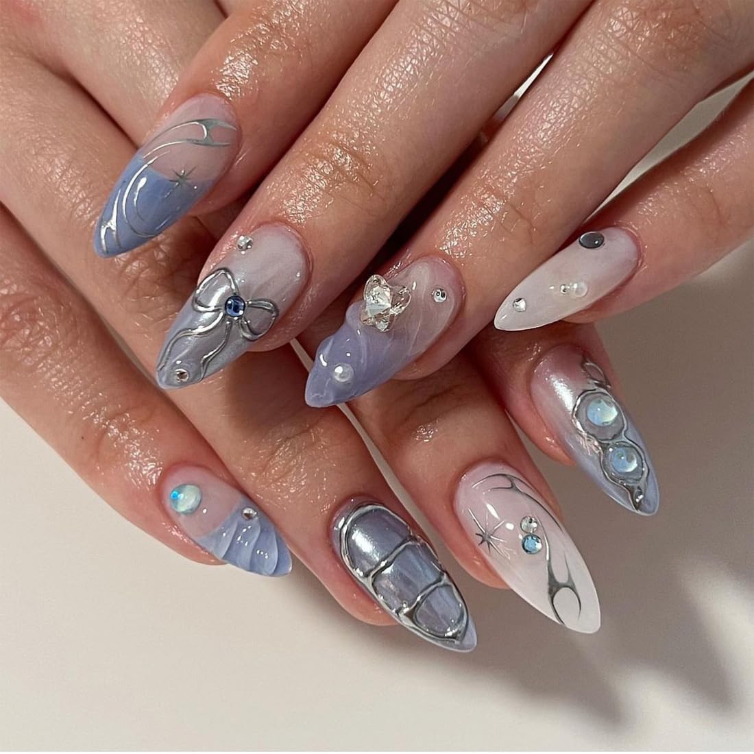 Ombre White Almond Press on Nails Short Medium Pink Fake Nails with Rhinestone Bling Designs Glitter Manicure Fake Nails False Nails for Wedding Fantasy Acrylic stick on nail for Women