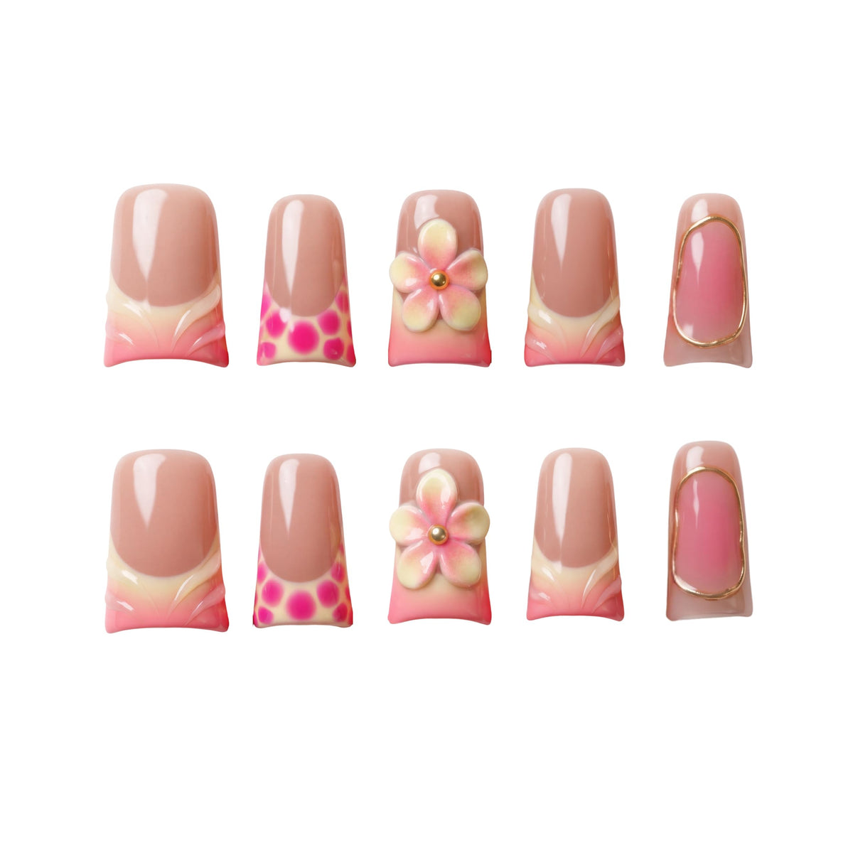 White Medium Square Handmade Press On Nails, French Tip 3D Heart Design