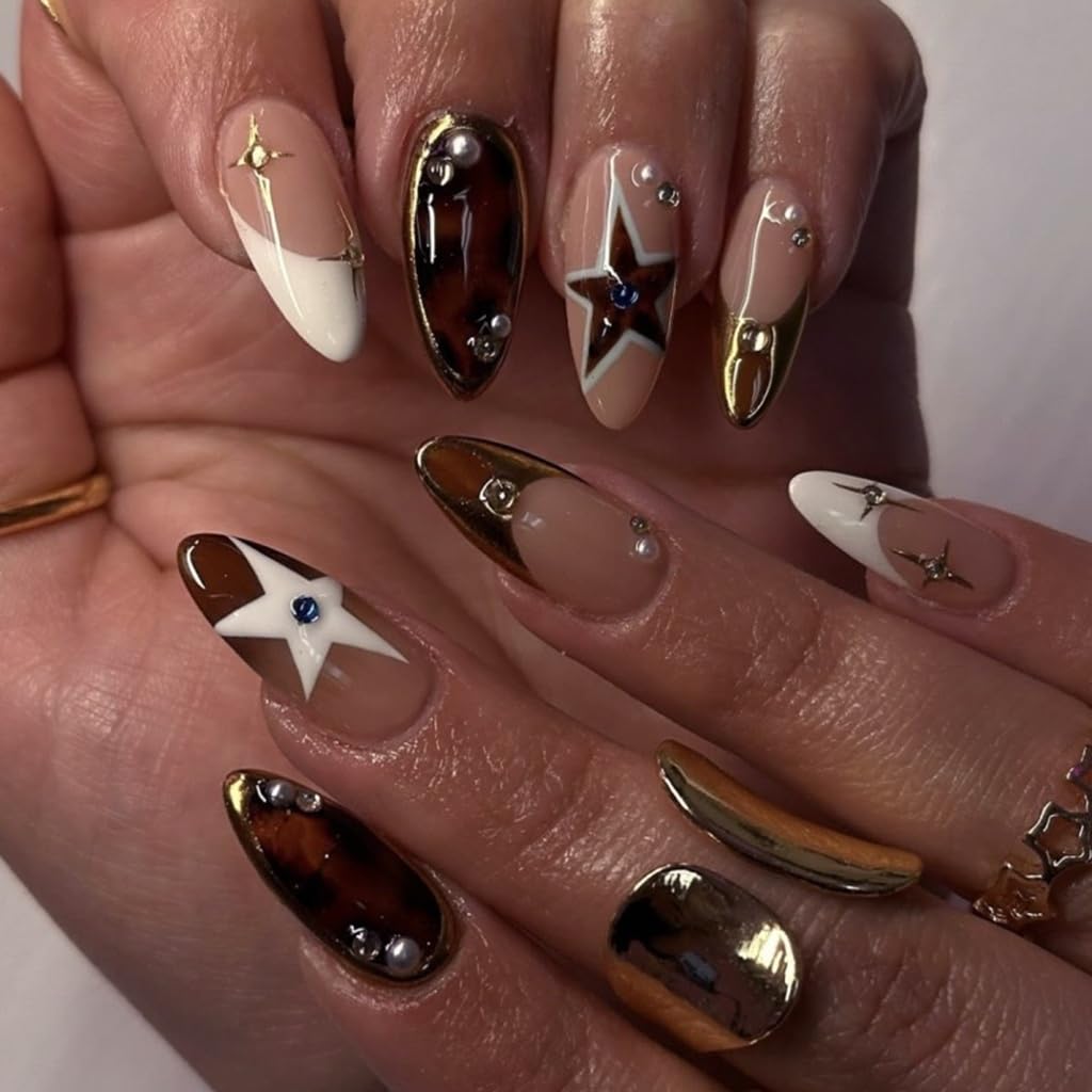 Almond Press on Nails Medium - Fall Fake Nails with Gold Line Design - White Full Cover Stick on False Nails - for Women 24 Pcs