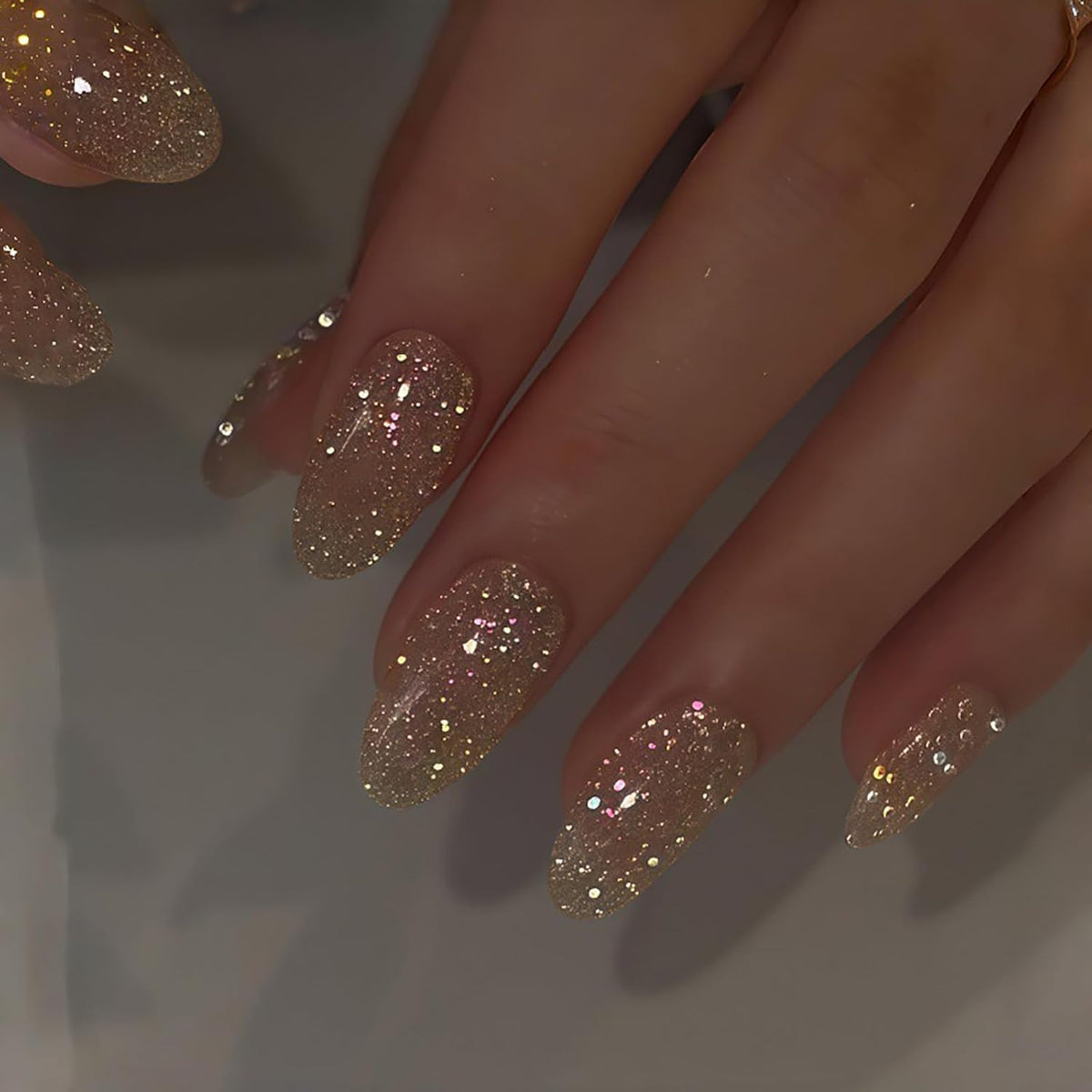 Long Almond Glitter Press on Nails Nude Pink Fashion Gold Fake Nails Full Cover Sparkling Stick On Nails Glossy Thin Design Glue on Nails for Girl Women False Nails Daily Office Party Wedding 24 Pcs