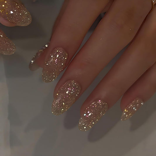 Long Almond Glitter Press on Nails Nude Pink Fashion Gold Fake Nails Full Cover Sparkling Stick On Nails Glossy Thin Design Glue on Nails for Girl Women False Nails Daily Office Party Wedding 24 Pcs