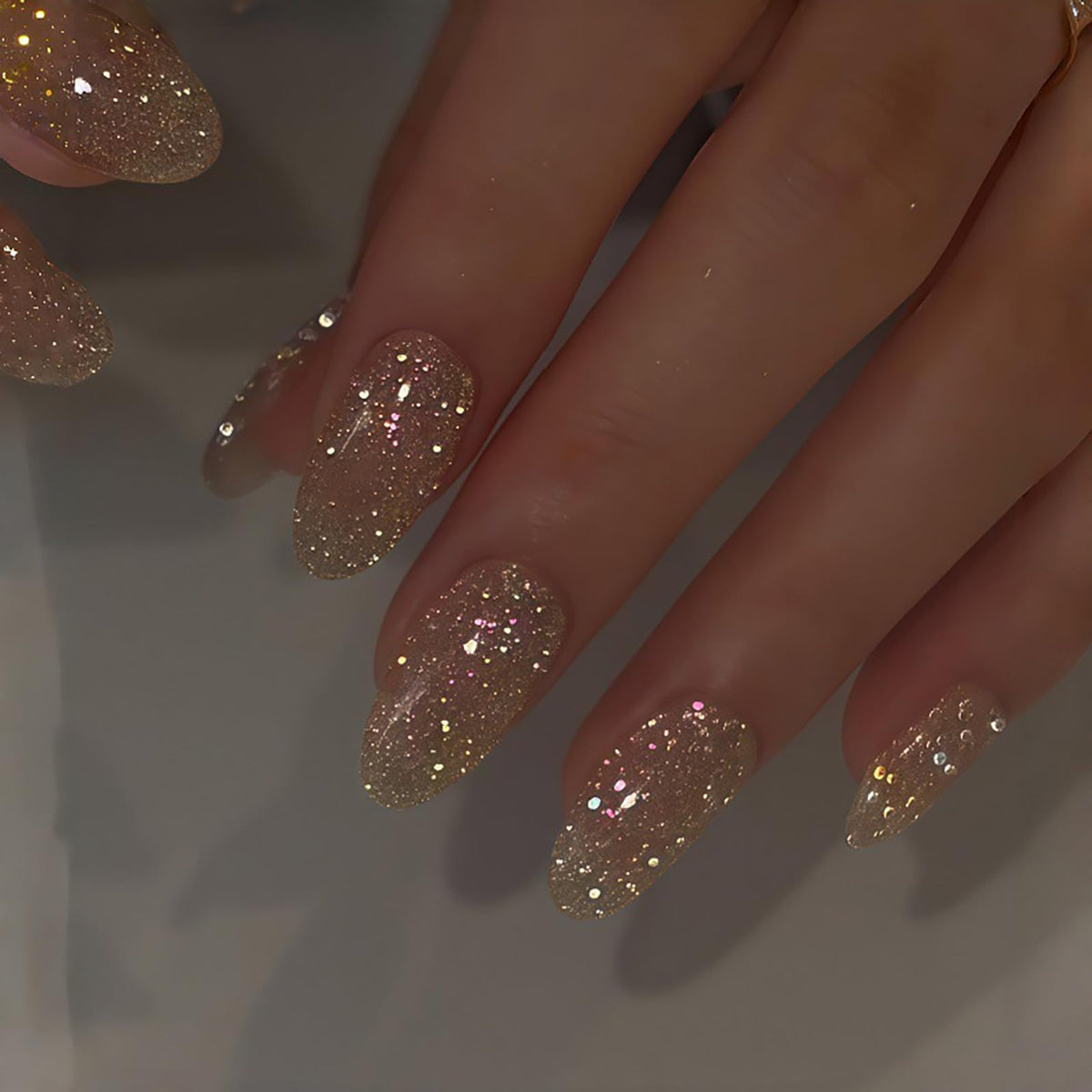 Long Almond Glitter Press on Nails Nude Pink Fashion Gold Fake Nails Full Cover Sparkling Stick On Nails Glossy Thin Design Glue on Nails for Girl Women False Nails Daily Office Party Wedding 24 Pcs