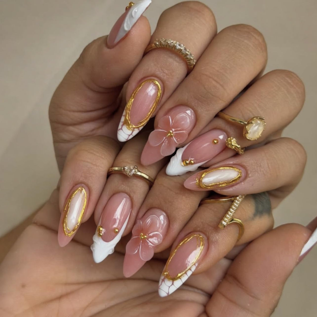 White French Tips Press on Nails, Irregular Gold 3D Lines with Flower & Pearl Design, Reusable Salon Quality Acrylic False Nails for Women, Glue On Nails with Adhesive Tabs for Daily Wear