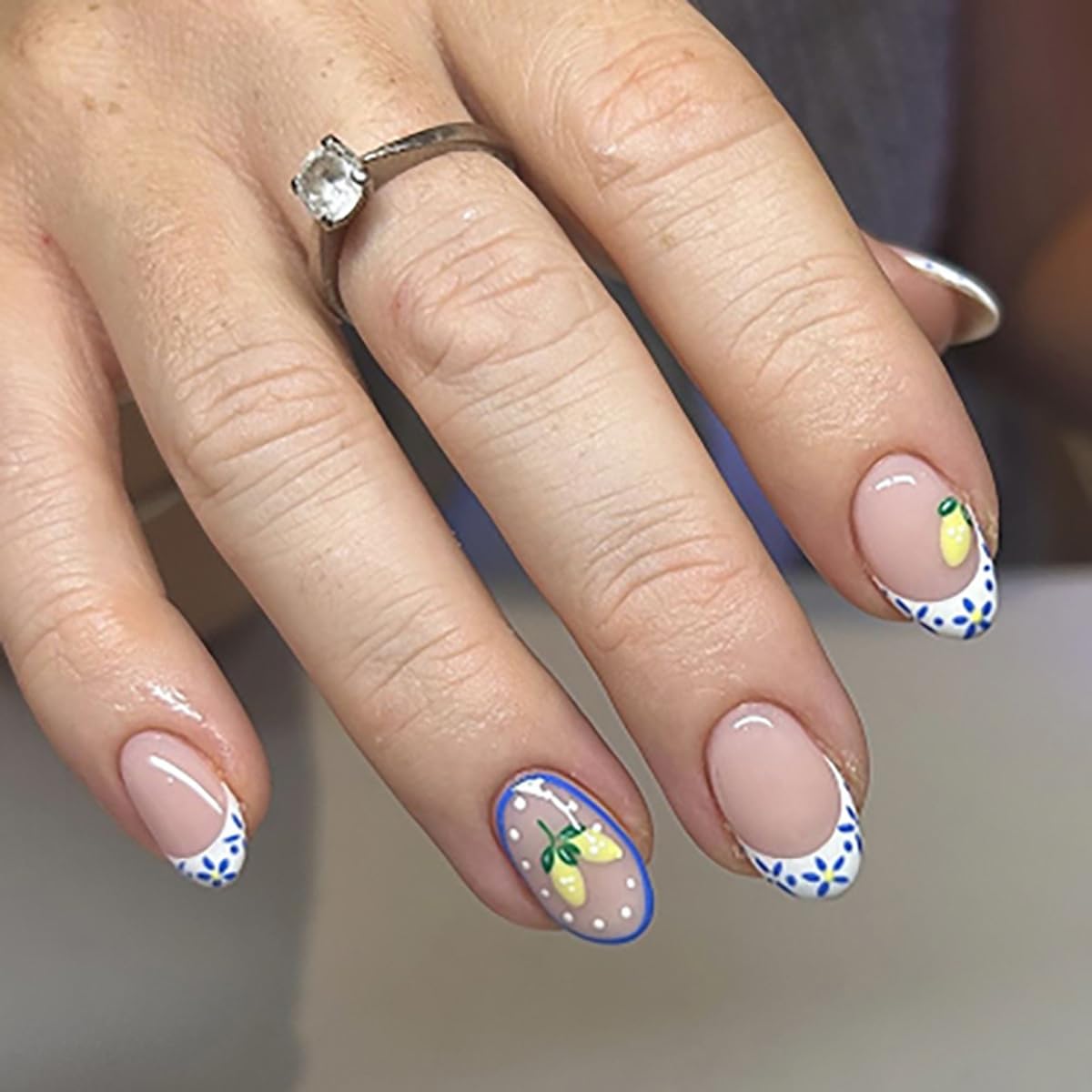 Medium Almond Press on Nails - White French Tip with 3D Flower Rhinestones
