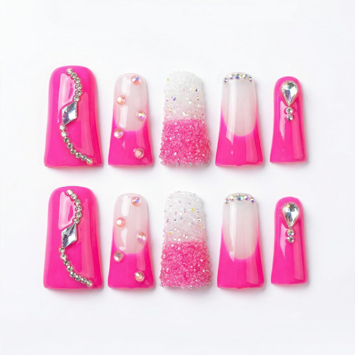 Handmade Long Duck Press on Nails - Luxury Crystal French Tip False Nails with Rhinestones, Diamond Jelly Pink Fake Nails, 10 Pack Gel Nails for Women (Size M)