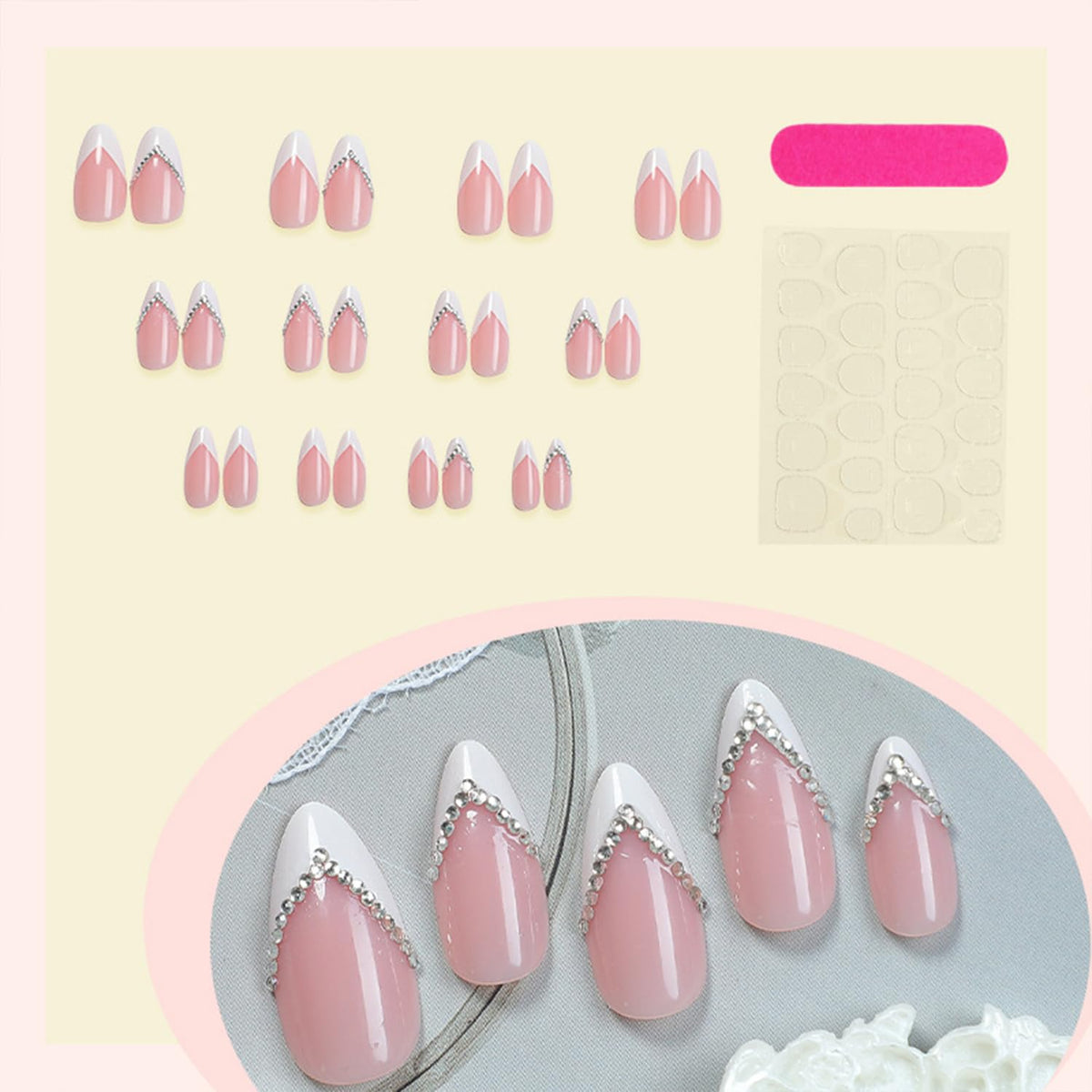 Tyuimhx White French Tip Press on Nails Medium Almond Fake Nail Rhinestones False Nails Glossy Full Cover Stick on Nail Acrylic Artificial Glue on Nail for Women 24 Pcs