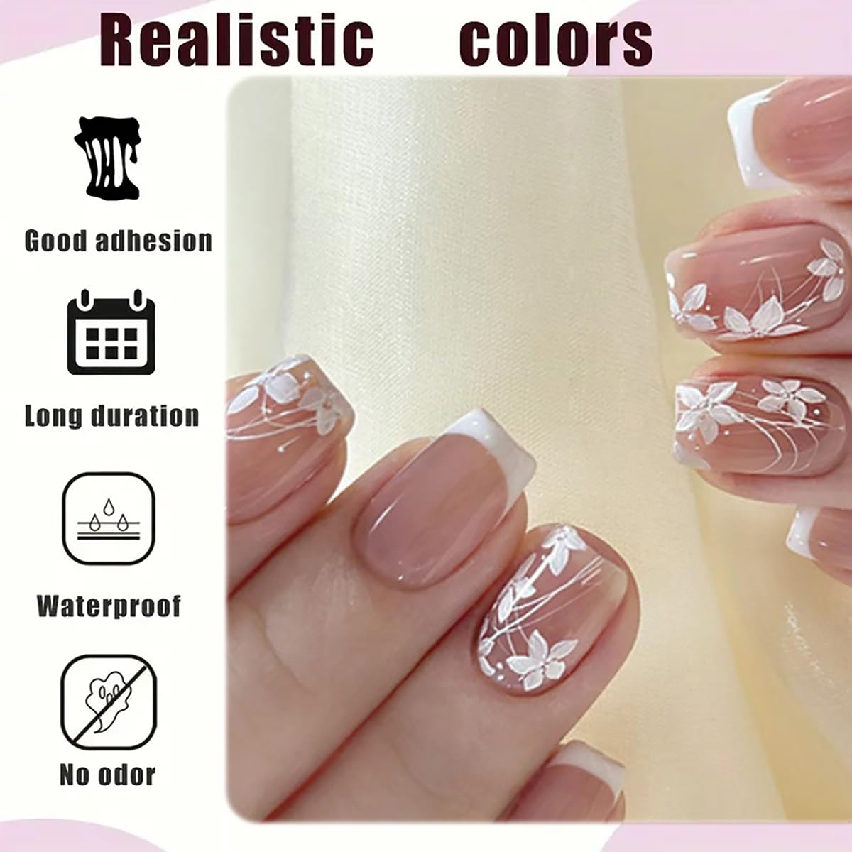 French Tip Press on Nails Short Square Flowers Fake Nails with Designs White French Tip Flowers Acrylic Nails Supply Glossy Artificial Nails Glue on Nails for Women Girls DIY Manicure 24 pcs