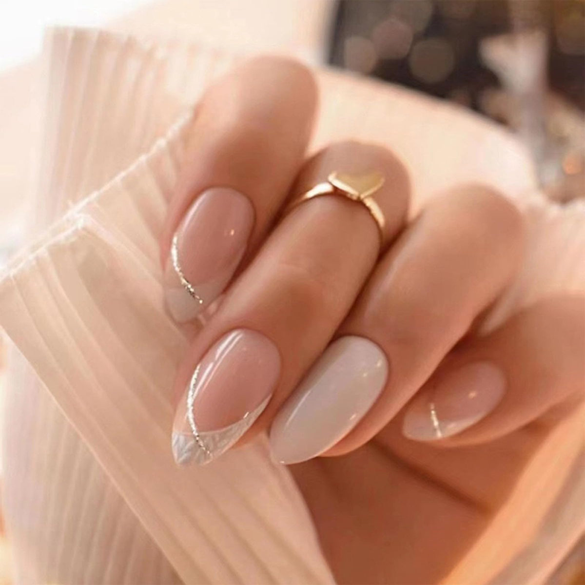 Press On Nails Almond Fake Nails French Tip False Nails Press ons Medium Glue on Nails with Chrome Design for Women Stick on Nail 24Pcs