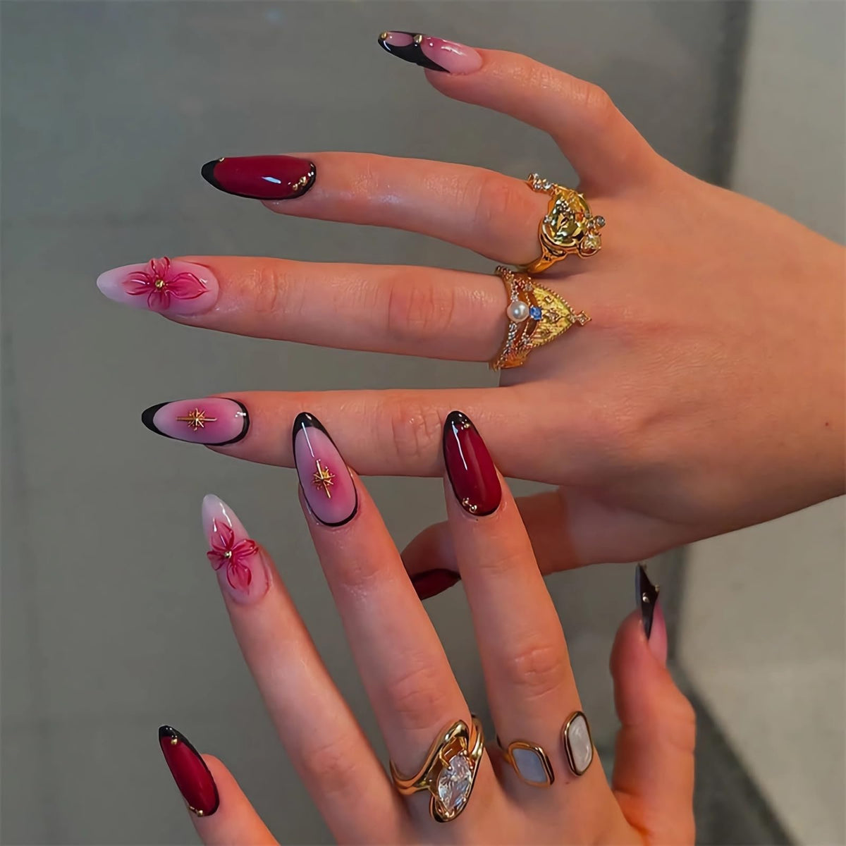 BABALAL Press On Nails - Medium Almond Fake Nails, Pink White Gradient, Rhinestone Gold Bangle, Glossy Coquette Wedding Bridal Glue On Nails 24Pcs