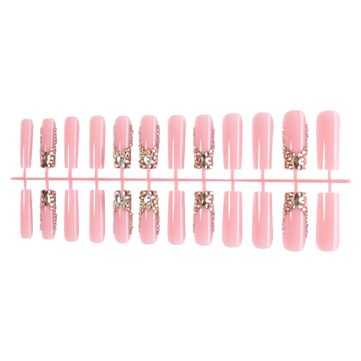 Long Square Press on Nails Bling Gold Chain & Crystal Nails,Fake Nails Artificial Stick on Nails for Women, Nude Pink Glam Prom Wedding Nails with Diamonds