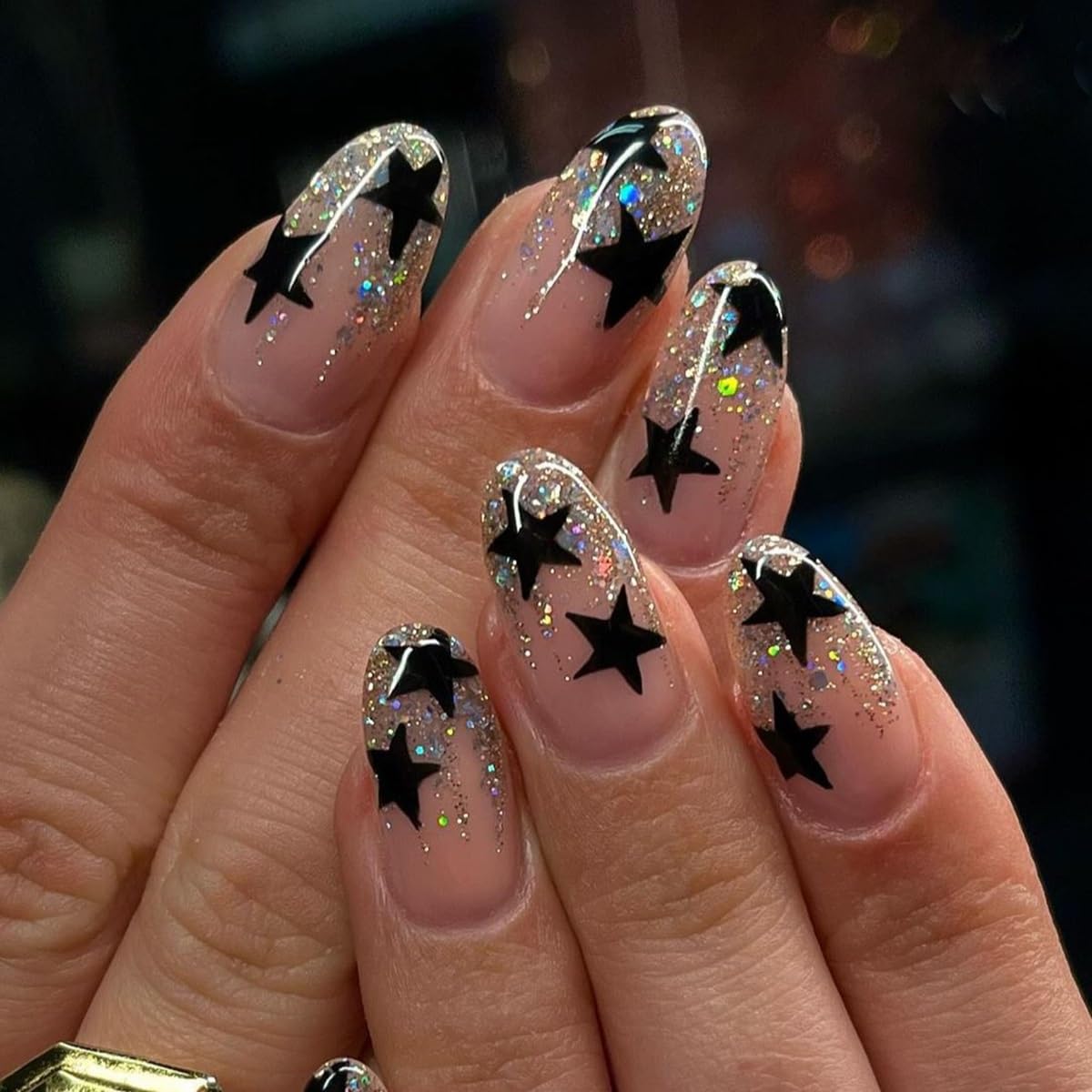 Almond Press on Nails Medium - Fall Fake Nails with Gold Line Design - White Full Cover Stick on False Nails - for Women 24 Pcs