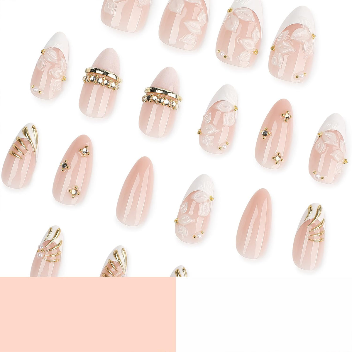 Almond Press on Nails White Flower with Gold Rhinestone Wedding Fake Nails