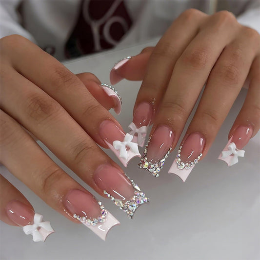 24 Pcs French Tip Press On Nails Long Coffin Almond Acrylic Full Cover Stick on Nails with Glitter Rhinestones Designs White Bow False Nails for Women Nail Art Decoration