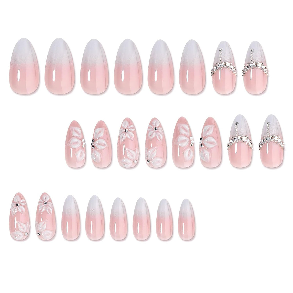 3D White Flower Press on Nails Medium Fakes Nails Almond Shape False Nails with Bling Rhinestones Designs, Glossy Reusable Elegant Acrylic Nails with Glue-24Pcs Nail Kit for Women Wedding Party