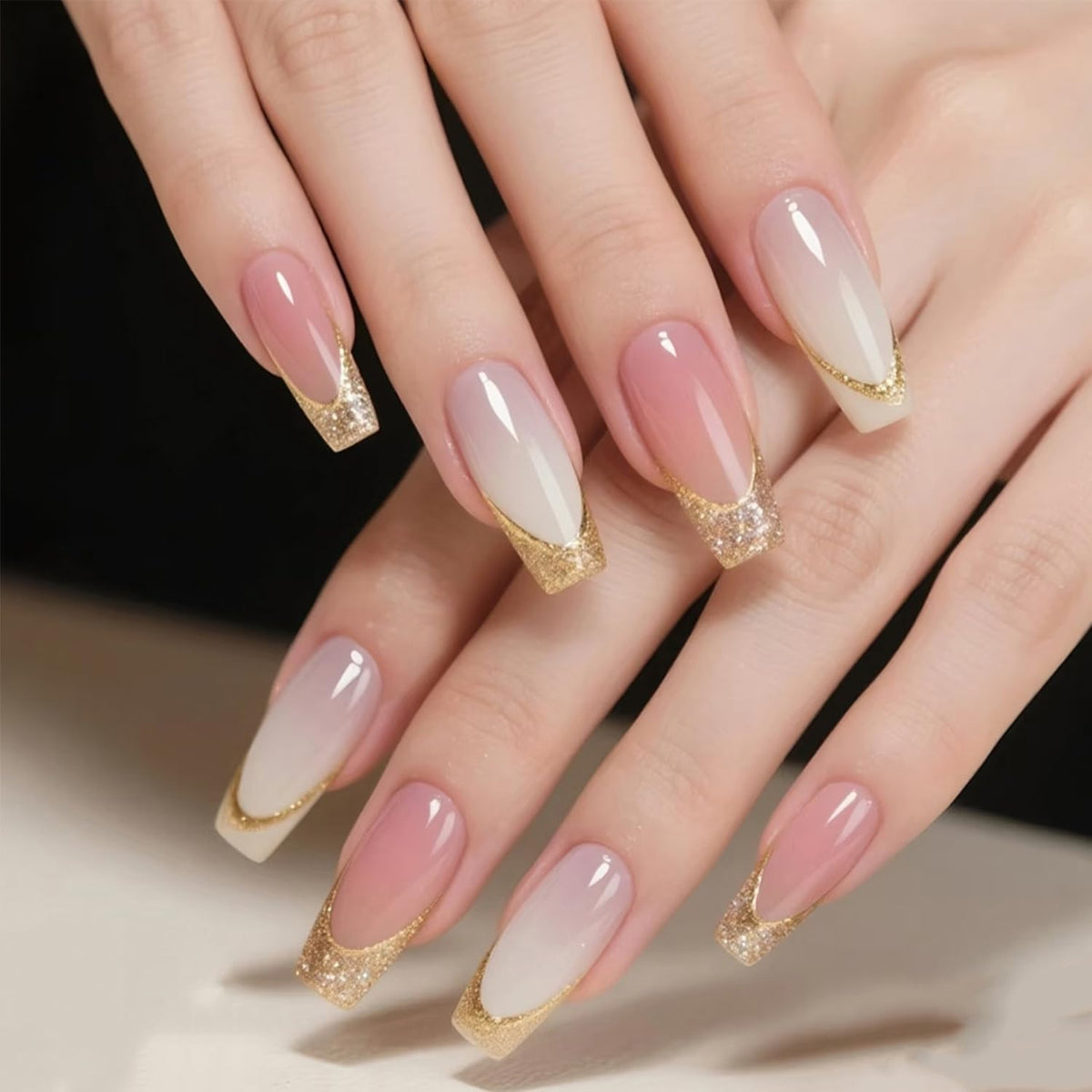 Glossy Nude Gold French Tip Press On Nails Short Almond, 30 PCS