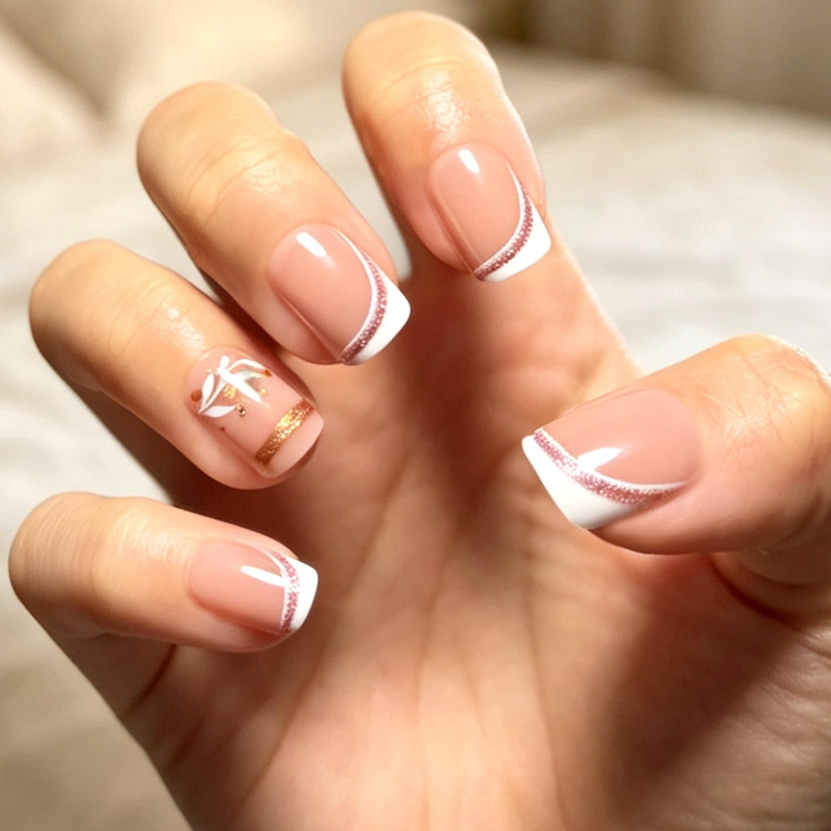 Press on Nails, 6 Packs (144 Pcs) Medium Almond Sets, Wedding French