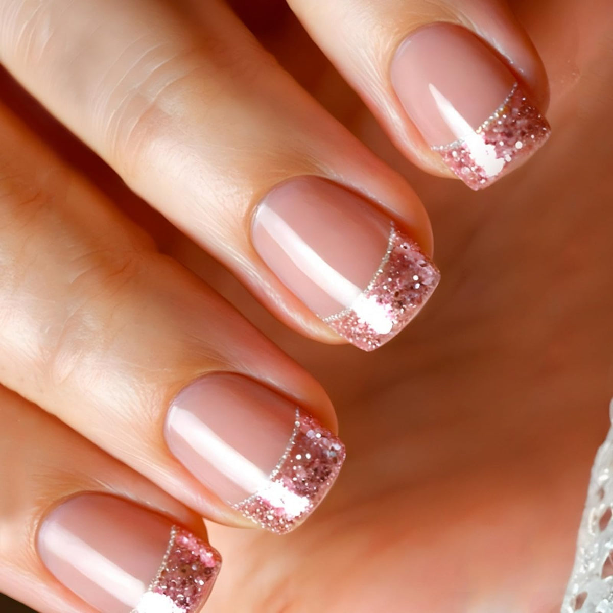 French Tip Press on Nails Glitter Petite Short Square Fake Nails Pink Nude Glossy Design Sparkly False Nails Glue on Nails with Full Cover Acrylic Stick for Women Girls Nail Decorations 24Pcs