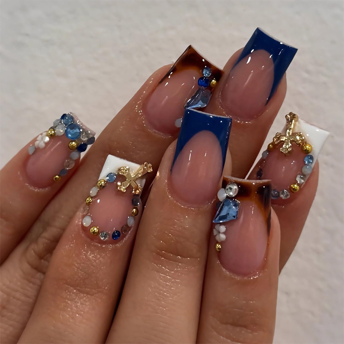 BABALAL Press on False Nails Long Square Fake Nails Black and Gold Chrome Gothic Glue on Cross Charm Luxury 3d Design French Tip Acrylic 24Pcs Y2k Handmade Custom Full Cover Gel Nails