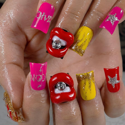 10 Pieces Luxury Acrylic Press On Nails Short Handmade Duck Nails, Pink Thickened False Nails, Rhinestone And 3D Red Lips, Reusable Fake Nails, Acrylic Nails (L)