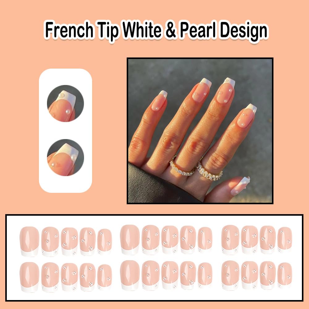 French Tip Press on Nails White Coffin Short Medium Fake Nails with Pearl Design fake nails for Women Gel Acrylic False Nails with Glue Full Cover stick on nail for Wedding Birthday 24Pcs