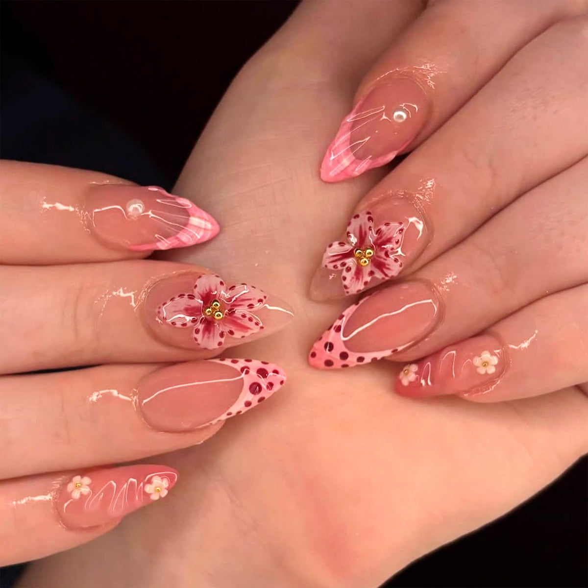 Black French Tip Press On Nails Almond Stiletto, Nude Glossy Fake Nails