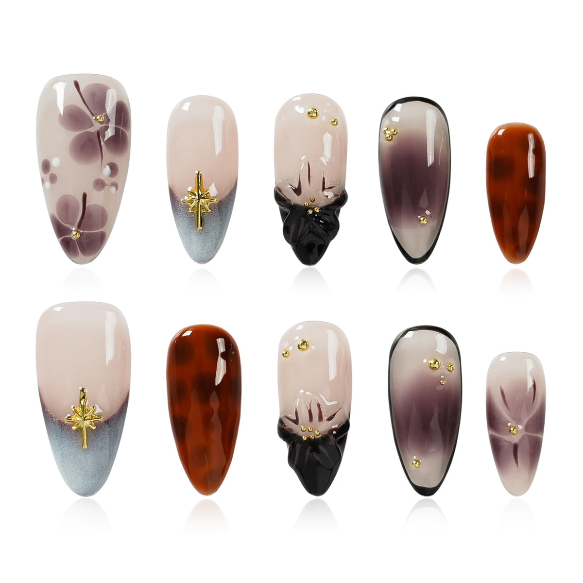 Gothic 3D Floral Press on Nails Medium Almond - Gold Cross & Rhinestone Design, Handmade Pearl Luxury Dark Romantic Reusable Nails (Orange Diamond Sweet Luxury,L)