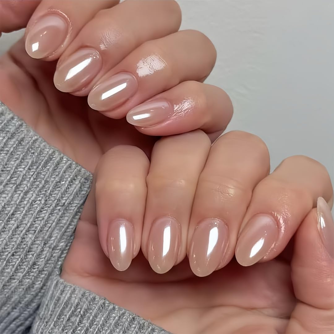 White French Tip Press On Nails Almond - KQueenest Chrome Press On Nails Medium, Glazed Natural Light Nude Fake Nails Press on, Reusable Glue on Nails Stick On Nail for Women Bridal Wedding