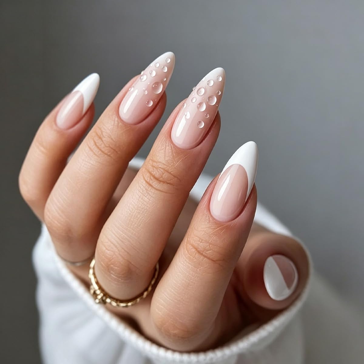 White Flower Press on Nails French Tip Fake Nails Medium Almond False Nails Glossy Artificial Stick on Nails Full Cover Acrylic Nails for Women Manicure 24Pcs