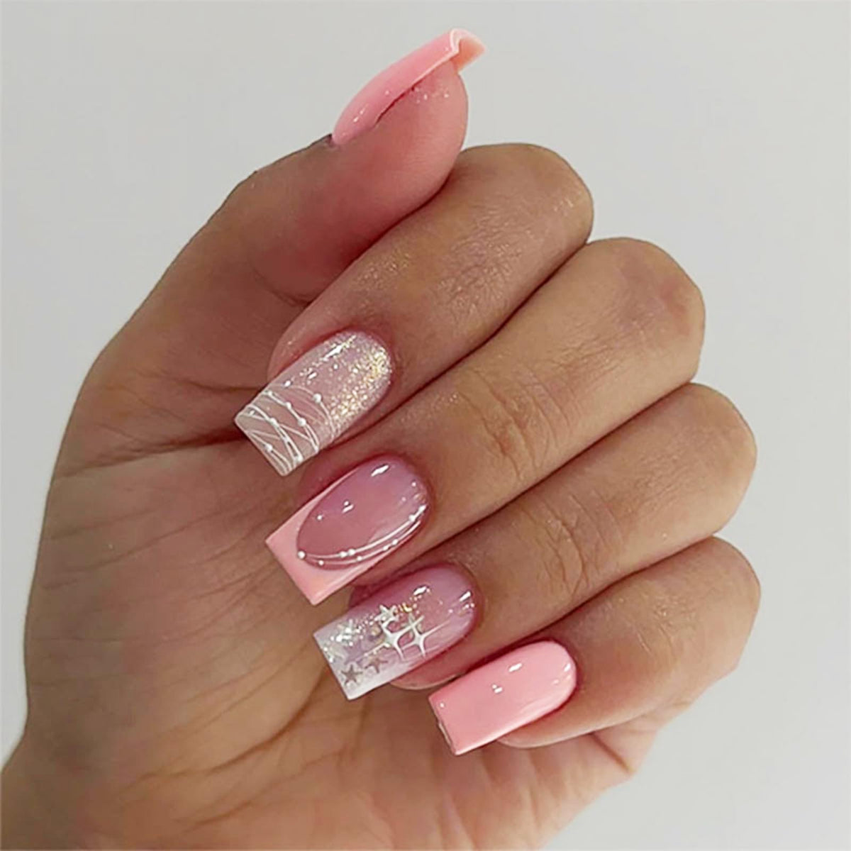 White French Tips Press on Nails 24Pcs Glossy Silver Glitter Acrylic Fake Nails Sparkly False Nail Milky Way Gel Glue on Nail Stars Stick on Medium Square Fingernails for Coquette Women Girls