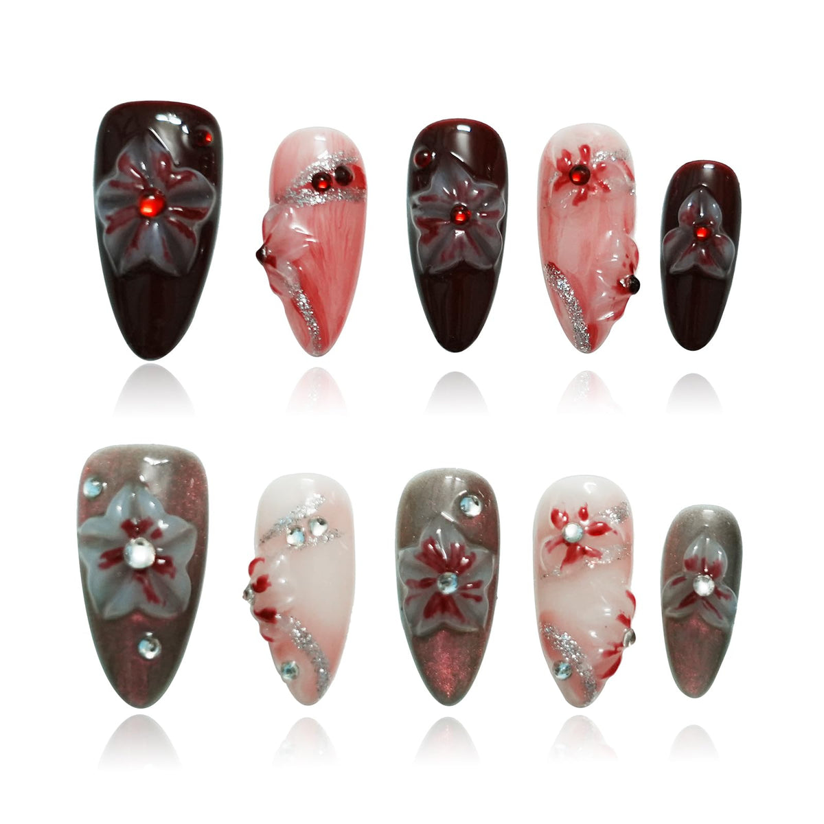 Gothic 3D Floral Press on Nails Medium Almond - Gold Cross & Rhinestone Design, Handmade Pearl Luxury Dark Romantic Reusable Nails (Orange Diamond Sweet Luxury,L)