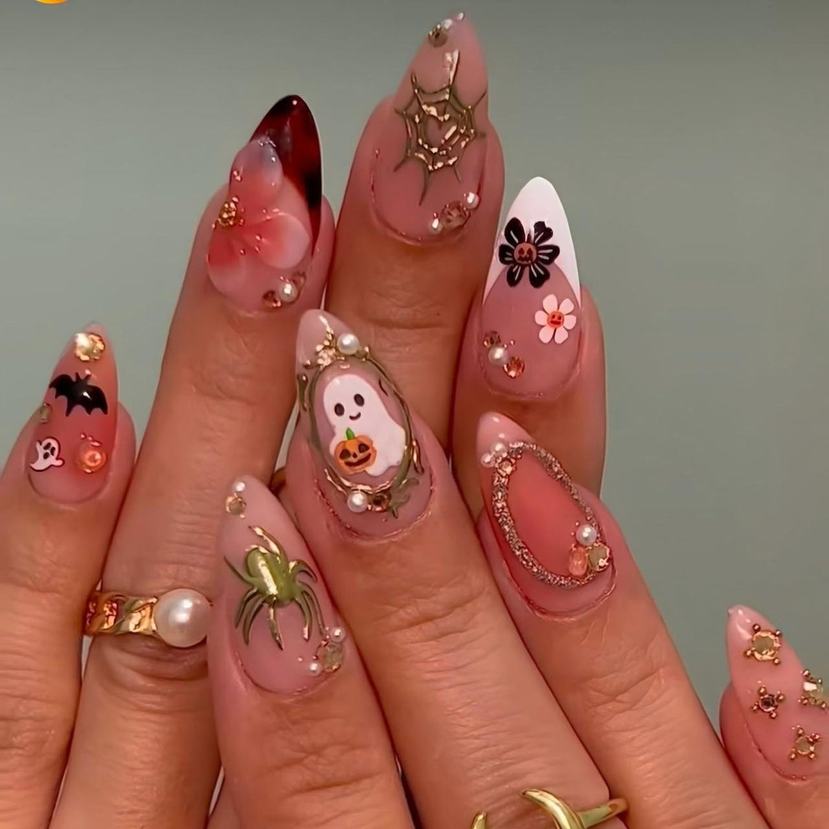 Almond Press on Nails Medium Fake Nails with 5D Metal Lines Charm Design Glossy Pink Nails Press on Curve Glue on Nails Reusable Luxury Silver Beads Acrylic Nail for Women 24Pcs