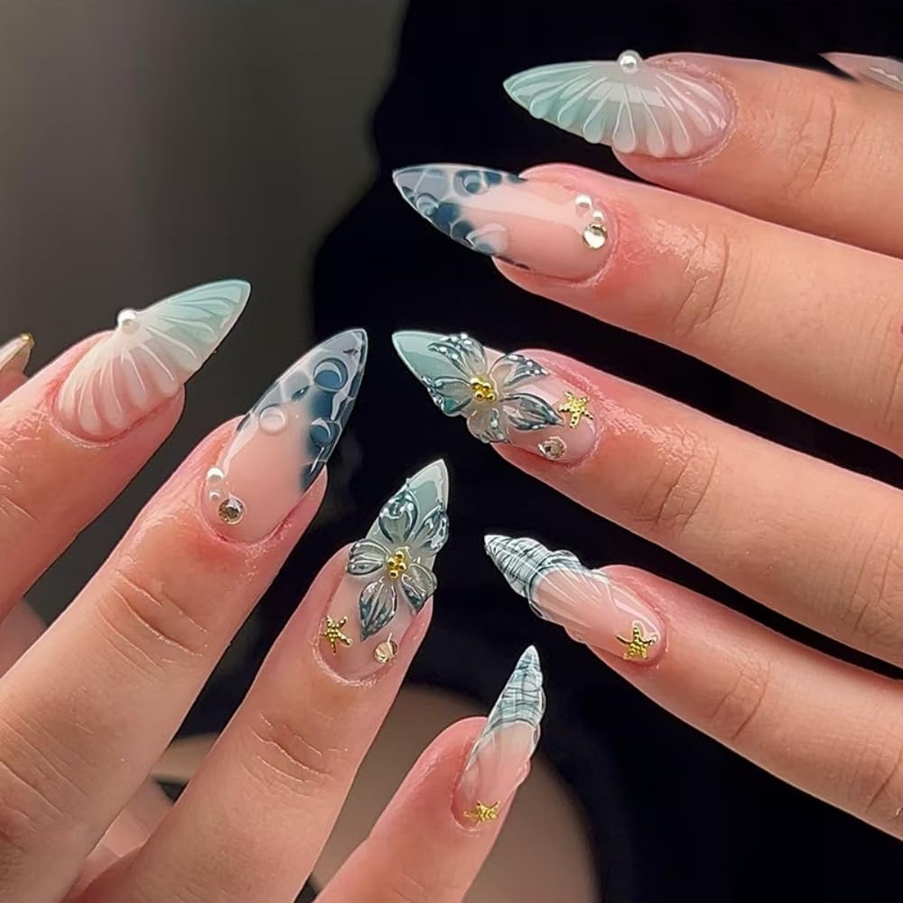 30Pcs Bridal White Press On Nails Almond Medium, French Tip Nails Press Ons, Nude Pink Fake Nails With 3D Shell Pearl Designs, Elegant Wedding Glue On Nails For Women Nail Art, Reusable Acrylic