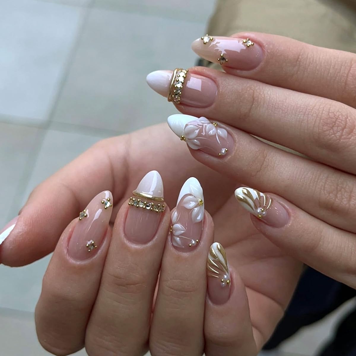 Medium Almond Press on Nails - White French Tip with 3D Flower Rhinestones