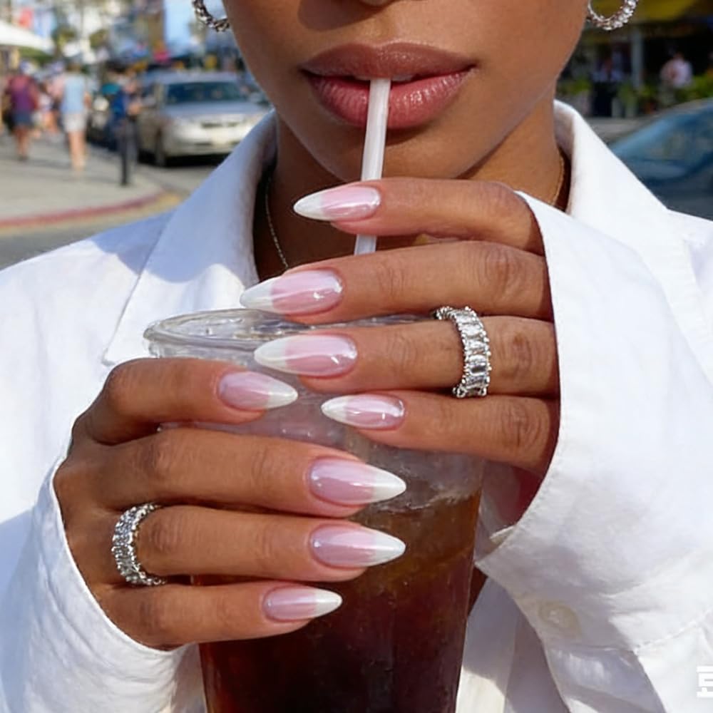 Press On Nails Almond Fake Nails French Tip False Nails Press ons Medium Glue on Nails with Chrome Design for Women Stick on Nail 24Pcs