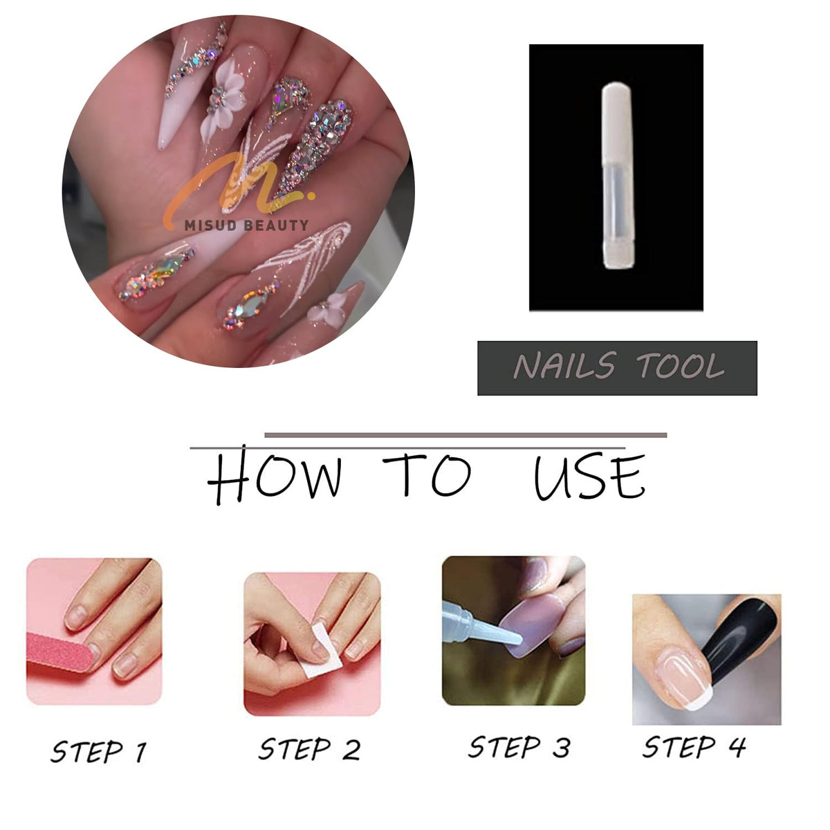 MISUD Press on Nails - Long Stiletto Fake Nails with Bling Glitter, Acrylic Luxury Rhinestone Design 24 pcs