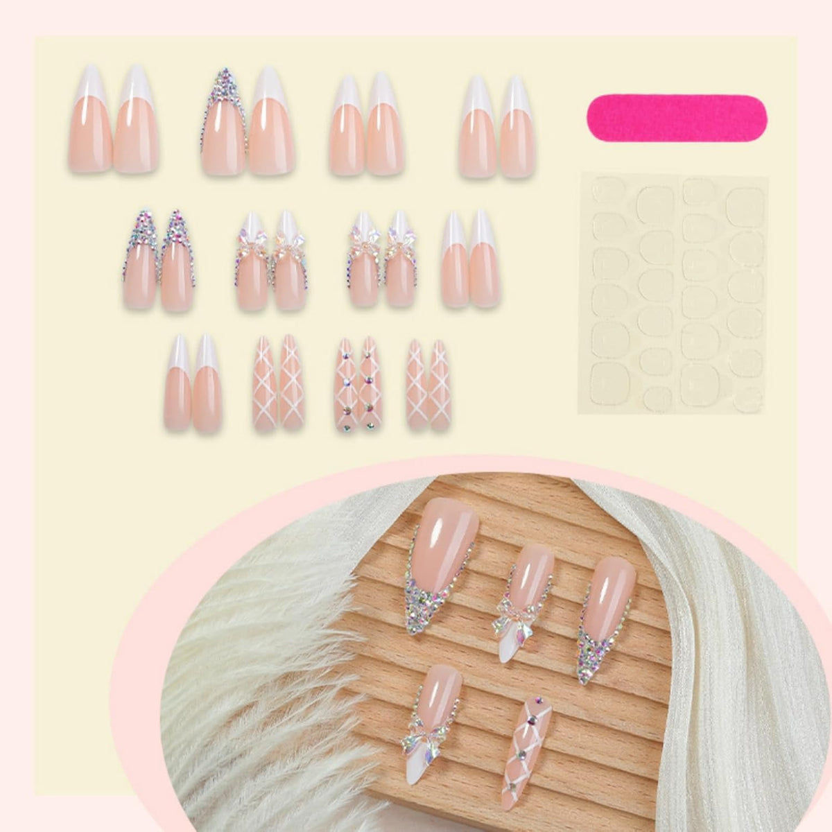 Rhinestone Press on Nails White French Tip Fake Nails with 3D Bow Design Glossy Full Cover Stick on Nail Sparkly Luxury Long Stiletto Nail Press ons for Women, 24Pcs