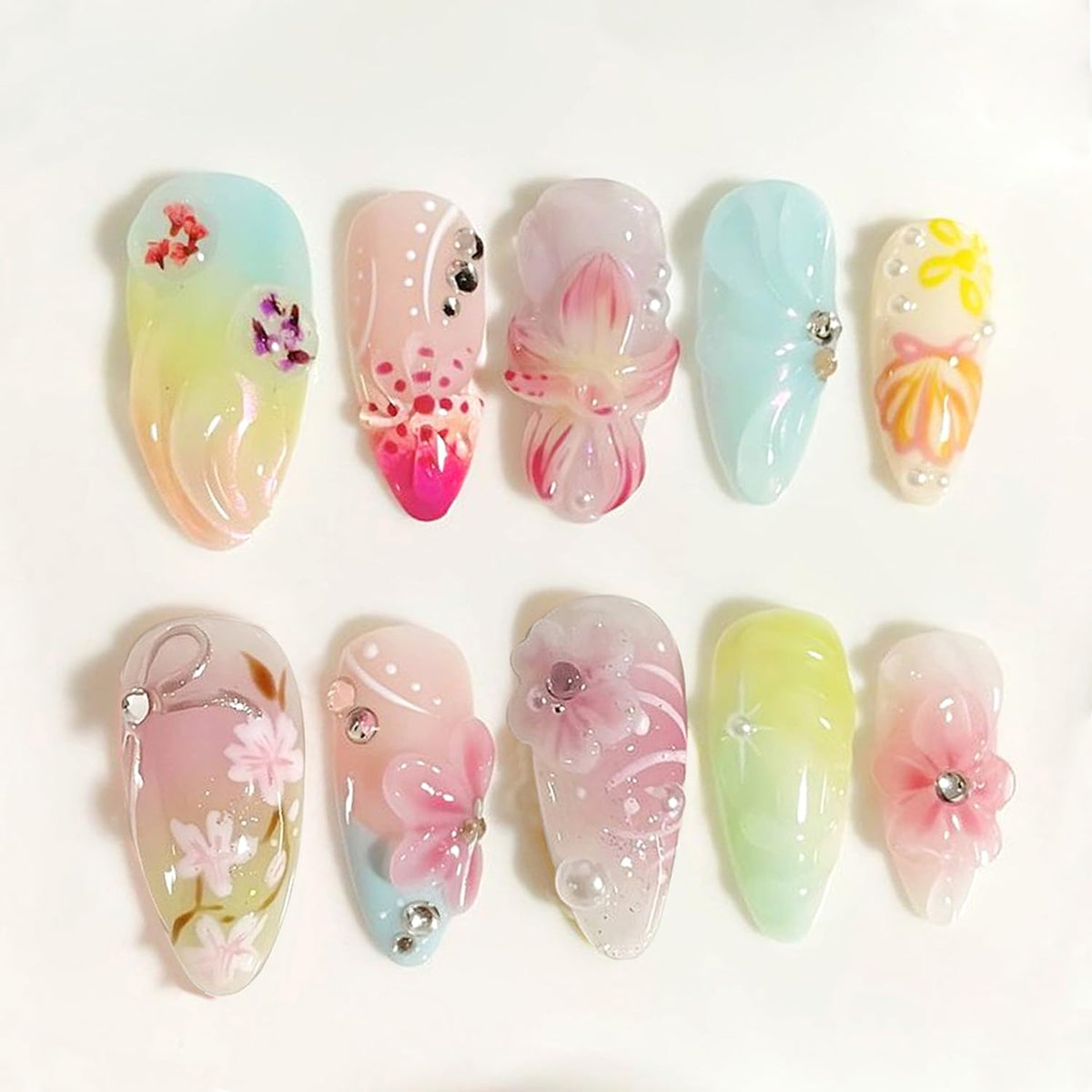 24Pcs White French Tip Press on Nails Medium Almond Fake Nails with Silver Rhinestones with Nude Pink Full Cover Glue on Nails French Designs 3D Flower False Nails Cute Spring Stick on Nails for Women