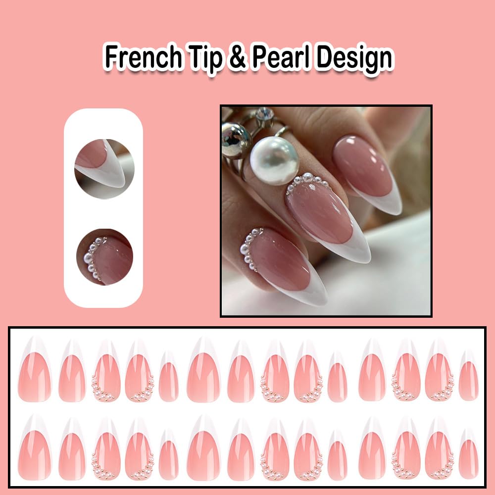 French Tip Press on Nails Almond White Short Medium Fake Nails with Pearl Design Gel fake nails for Wedding Birthday Acrylic stick on nail with Glue Manicure False Nails For Women 675PPD