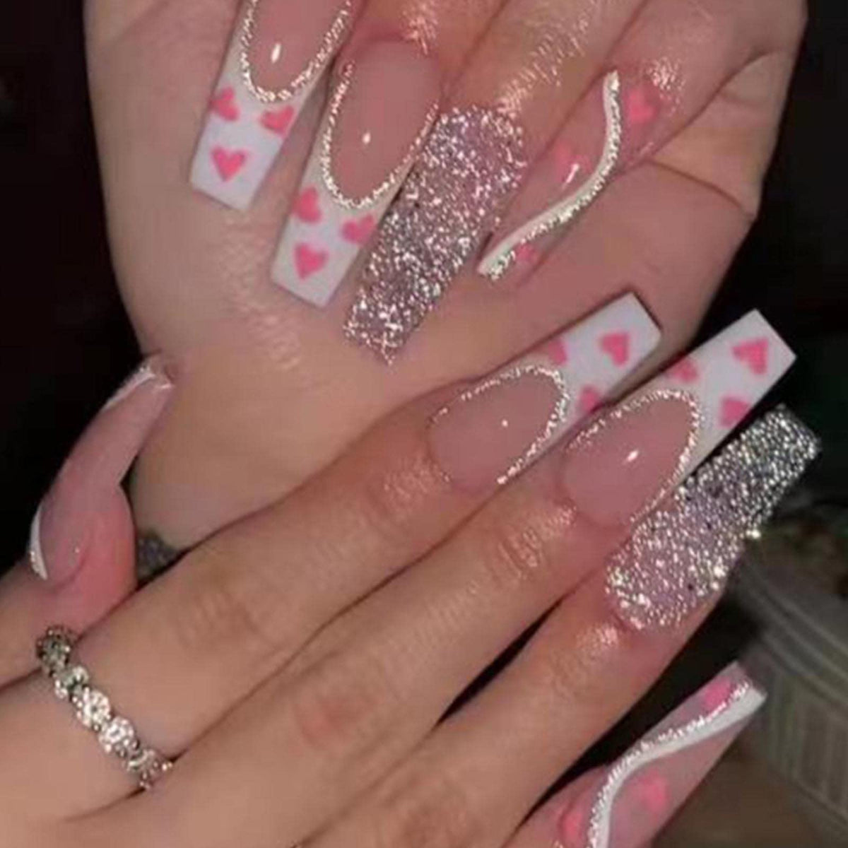 Long Press on Nails Square French Fake Nails Full Cover Nude Acrylic False Nails for Women and Girls 24PCS (Gold Shiny)
