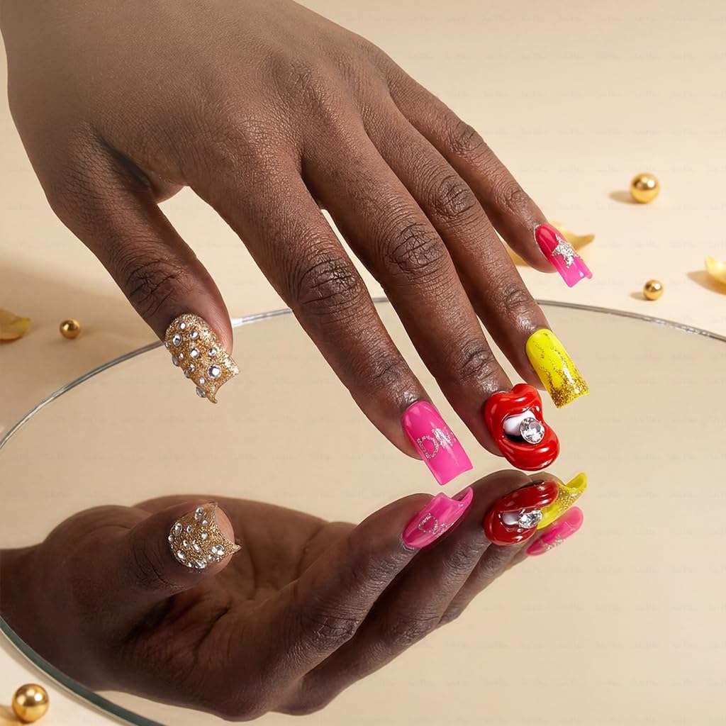10 Pieces Luxury Acrylic Press On Nails Short Handmade Duck Nails, Pink Thickened False Nails, Rhinestone And 3D Red Lips, Reusable Fake Nails, Acrylic Nails (L)
