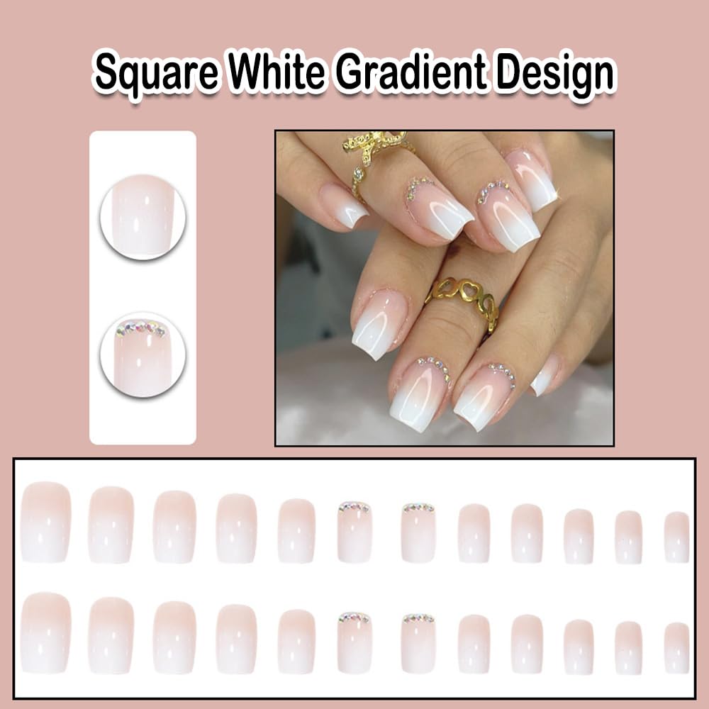 Wedding French Tip Press on Nails White Square Short Ombre Glue on Nails