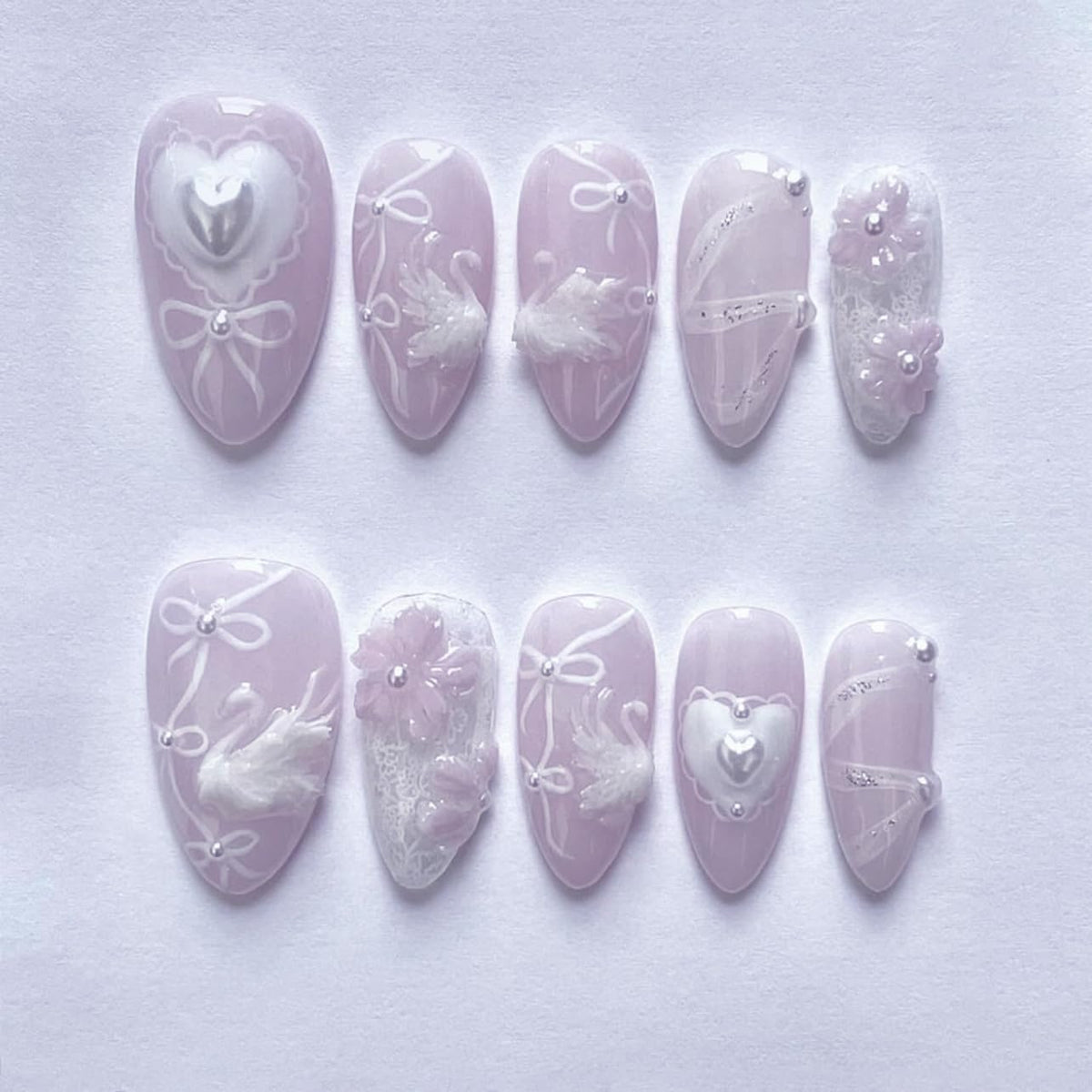 Green Press on Nails Medium Almond Fake Nails with 3D Pearl Rhinestones Designs Gold French Tips Flower Acrylic Nails False Nails White Floral Full Cover Glossy Stick on Nails for Women 24Pcs