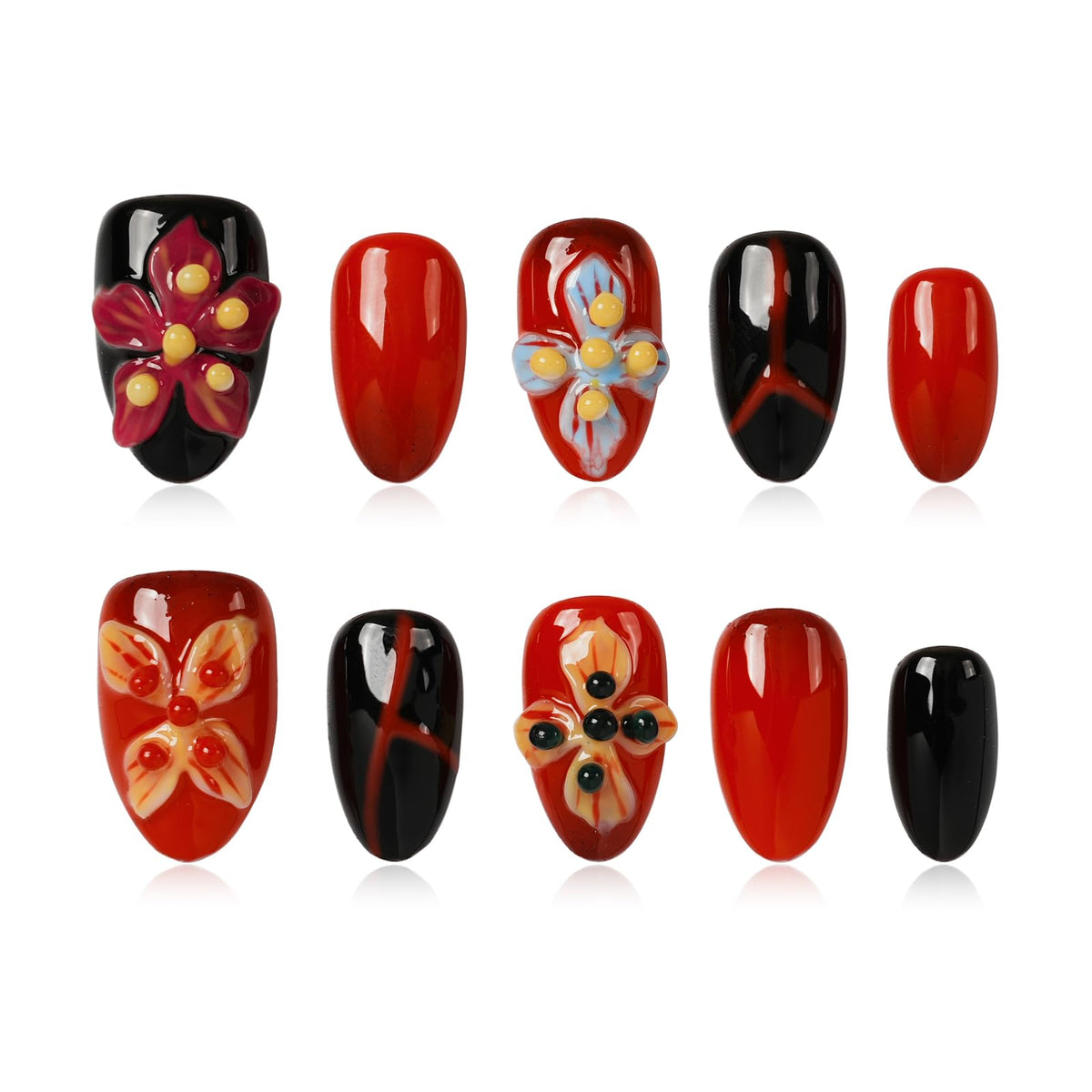 Gothic 3D Floral Press on Nails Medium Almond - Gold Cross & Rhinestone Design, Handmade Pearl Luxury Dark Romantic Reusable Nails (Orange Diamond Sweet Luxury,L)