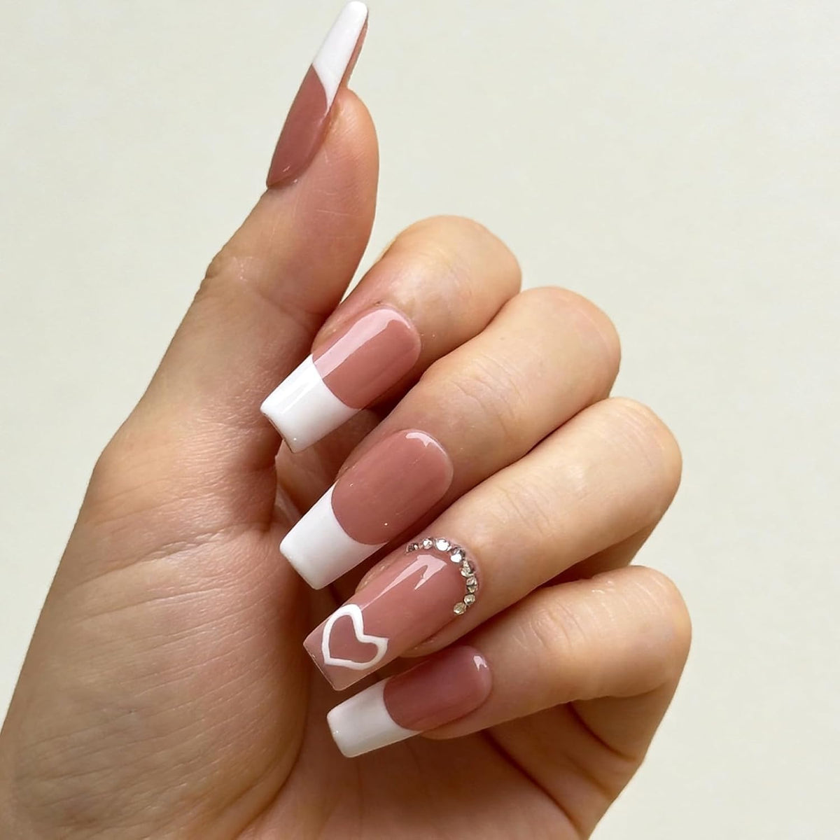 White Medium Square Handmade Press On Nails, French Tip 3D Heart Design